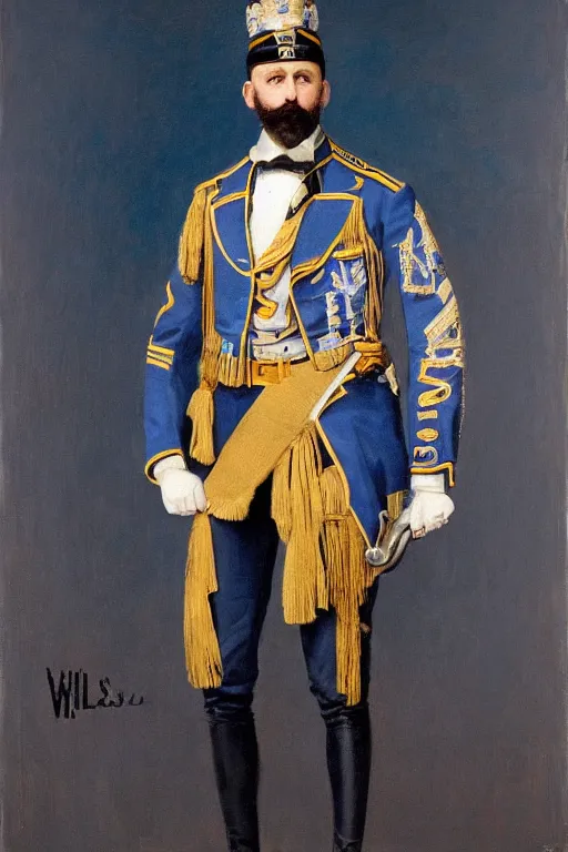 Image similar to full body portrait of the dictator of the memphis grizzlies, 1 8 8 9, in full military garb, memphis midnight blue, beale street blue, smoke blue, grizzlies gold and white, oil on canvas by william sidney mount, trending on artstation