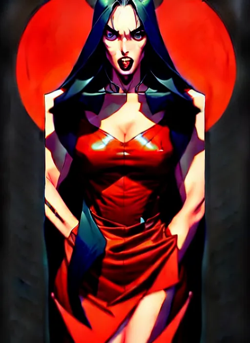 Image similar to artgerm, joshua middleton comic cover art, full body pretty megan fox vampire sharp teeth, red dress, symmetrical eyes, symmetrical face, long curly black hair, dark castle background background, cinematic lighting