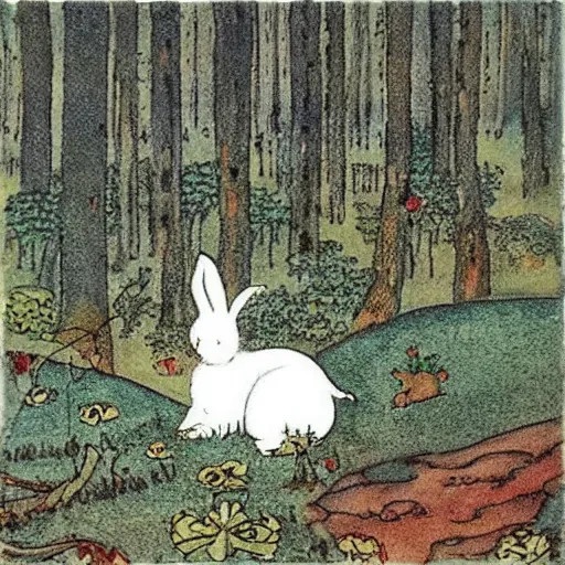 Image similar to a white rabbit in a forest, a pond in the foreground, in the style of John Bauer