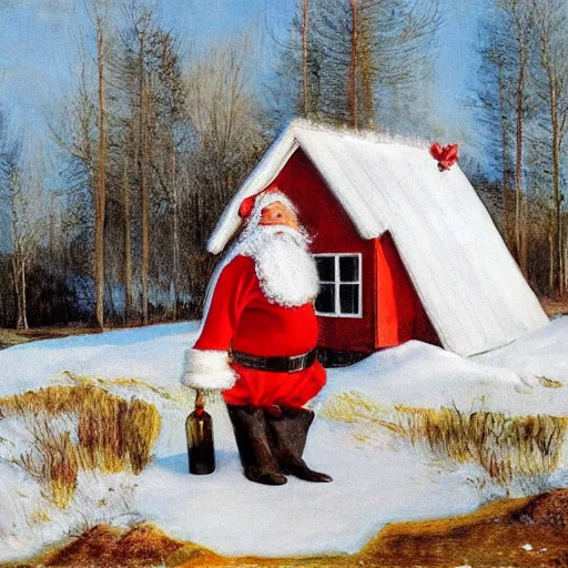 Image similar to a rabbit dressed as santa stands outside a red cottage in the swedish countryside, in the style of anders zorn