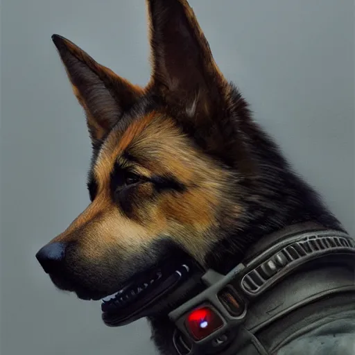 Image similar to new york city portrait of furry anthro anthropomorphic german shepard head animal person fursona wearing clothes strange cybernetic muzzle gloomy rainy cyberpunk digital art by Greg Rutkowski, Simon Stalenhag, trending on Artstation, CGSociety