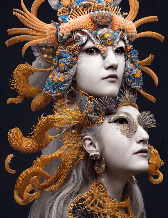 Image similar to 3 d goddess close - up profile portrait with crown, ram skull. beautiful intricately detailed japanese crow kitsune mask and clasical japanese kimono. betta fish, jellyfish phoenix, bio luminescent, plasma, ice, water, wind, creature, artwork by tooth wu and wlop and beeple and greg rutkowski