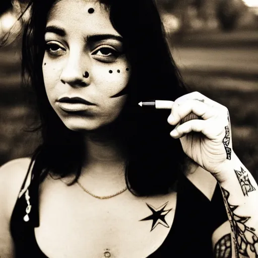 Prompt: beautiful young latino woman with gutterpunk pen ink face tattoos at golden hour, black & white, stars in background, cinematic diane arbus, leica s, 5 0 mm, fuji 8 0 0, grainy, low light