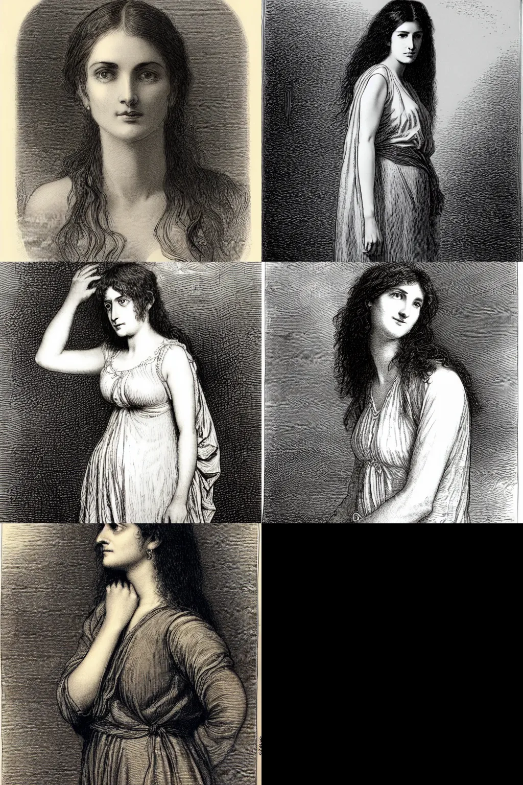Prompt: an hd drawing of a woman by gustave dore. she has straight long dark brown hair, parted in the middle. she has large dark brown eyes, a small refined nose, and thin lips. she is wearing a sleeveless white blouse, a pair of dark brown capris, and black loafers.
