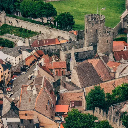 Prompt: tilt shift photo of a medieval walled city