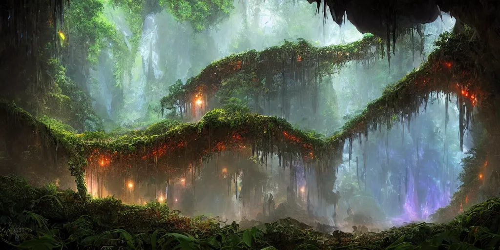 Prompt: a digital painting of a cave entrance in a mystical forest with vines hanging from trees, fireflies glowing in various colors, desaturated, a detailed matte painting by stephan martiniere, cgsociety, fantasy art, matte painting, concept art, fractalism