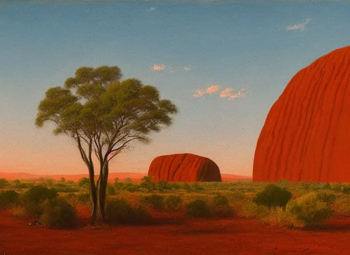 Image similar to uluru, australia in the style of hudson river school of art, oil on canvas