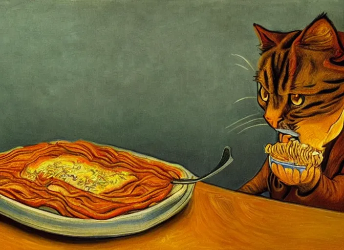 Image similar to detailed realistic surrealist painting of garfield eating lasagna at dusk, in the style of vincent van gogh and salvador dali and leonardo da vinci