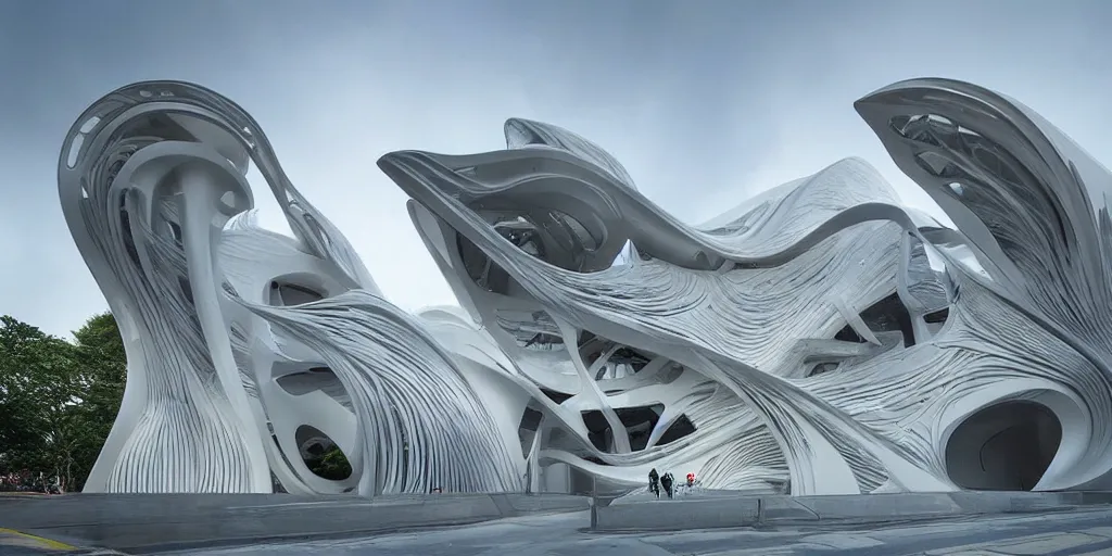 Image similar to extremely detailed ornate stunning beautiful elegant futuristic museum exterior by Zaha Hadid