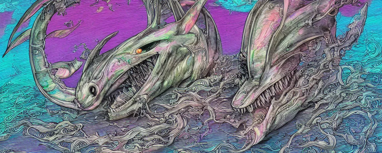 Prompt: a detailed digital art of a bunny disguised as a shark in the style of junji ito and moebius and giger, rainbow color scheme, ornate, photosynthetic,8k,award winning art,