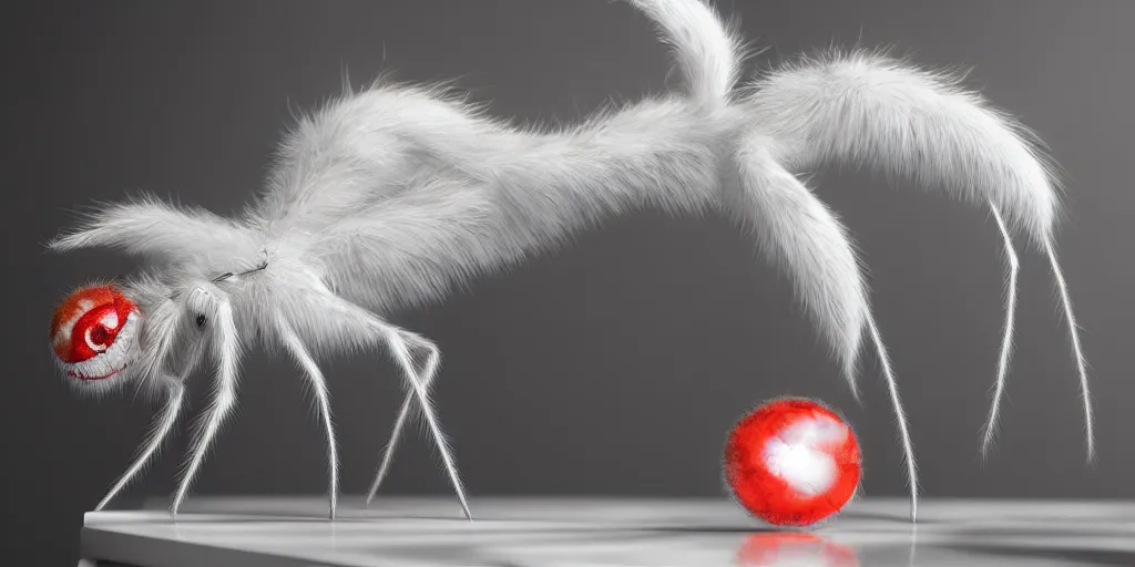Prompt: white spider with red eyes on white glass table, white background, fur, very realistic, highly detailed, hyperrealism, photo, by greg rutkowski and stanley artgerm, cinematic, dynamic lighting, octane render