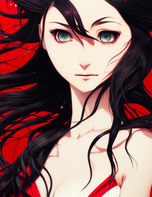 Image similar to a ultradetailed beautiful panting of rin tohsaka with flowing hair, 1 / 4 portrait, black hair, by conrad roset, greg rutkowski and makoto shinkai, rin, red dress, fate, trending on artstation