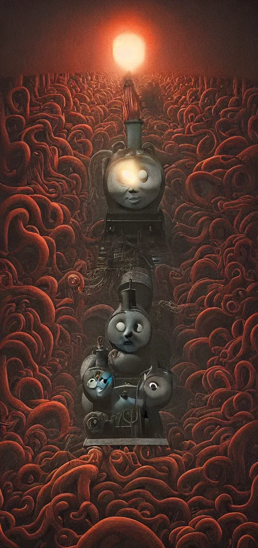 Image similar to thomas the tank engine in style of zdzisław beksinski, extremely dramatic lighting, 8 k, tendrils, black, darkness, black slime tendrils, infected, rust, body horror, thomas the train, thomas the tank engine face, horror,