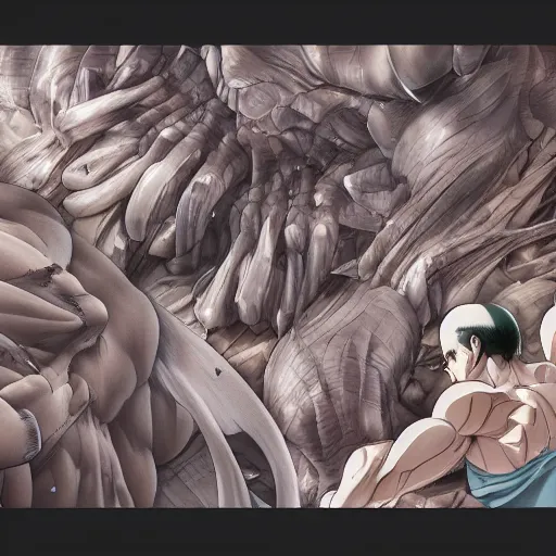 Image similar to a crawling mountain of muscles, highly detailed, anime, pale colors, award winning pictures, by studio mappa, by studio wit