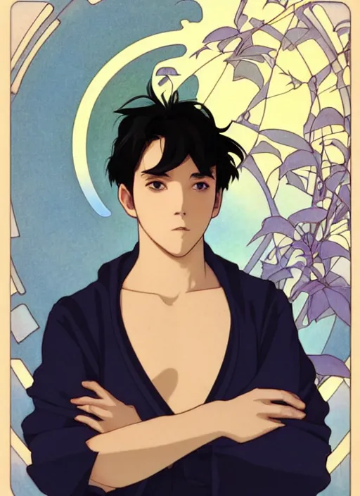 Image similar to handsome young man with short black hair, male, dressed in blue, half body shot, arms folded, path traced, highly detailed, high quality, digital painting, by studio ghibli and alphonse mucha, leesha hannigan, hidari, art nouveau, chiho aoshima, posuka demizu, atey ghailan, artgerm, ayami kojima