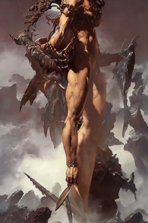 Prompt: Olympus by Frank Frazetta, Greg Rutkowski, Boris Vallejo, epic fantasy character art, goddess of war, Exquisite detail, post-processing, masterpiece, cinematic