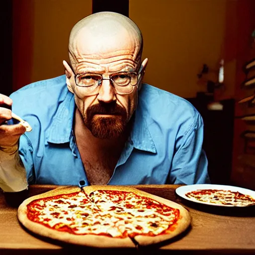 Image similar to walter white eating pizza, photography,