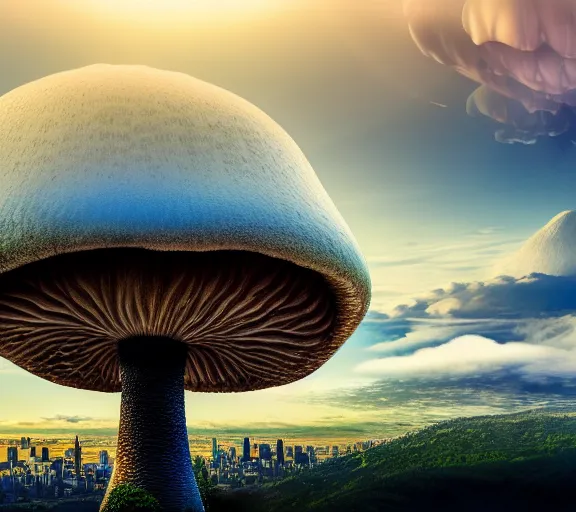 Prompt: a giant mushroom that stretches above the clouds with an upside down city built inside it's cap. highly detailed 8 k. intricate. lifelike. soft light. nikon d 8 5 0. cinematic post - processing