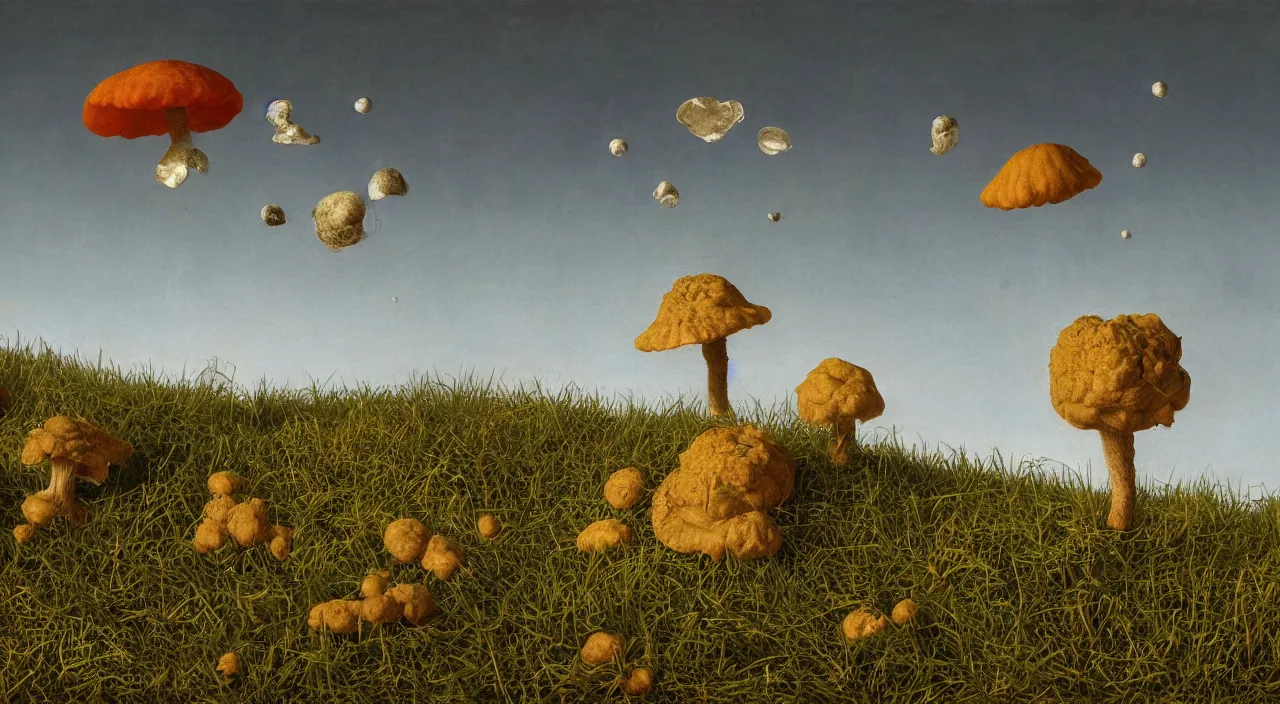 Prompt: one single! fungus floating in the clear sky, a high contrast!! ultradetailed photorealistic painting by jan van eyck, audubon, rene magritte, agnes pelton, max ernst, walton ford, cinematic lighting, masterpiece, 8 k octane 3 d render