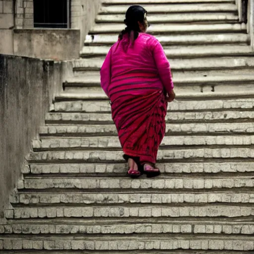 Prompt: an obese Indian woman with rollator climbing steps in Porto