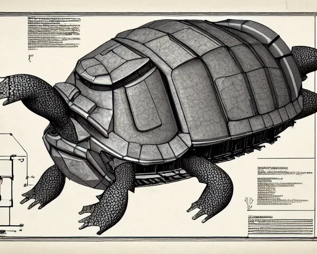 Image similar to a full page of a mechanical blueprint showing a cutaway design for a mechanized tortoise from howl's moving castle ( 2 0 0 4 ), with a big head, muted colors, post grunge, studio ghibli, hq,