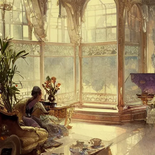 Image similar to a beautifull intricate watercolour painting of a living room, reflexions, verry high details by william turner art, greg rutkowski and alphonse mucha, trending on artstation, very very detailed, masterpiece, muted colors