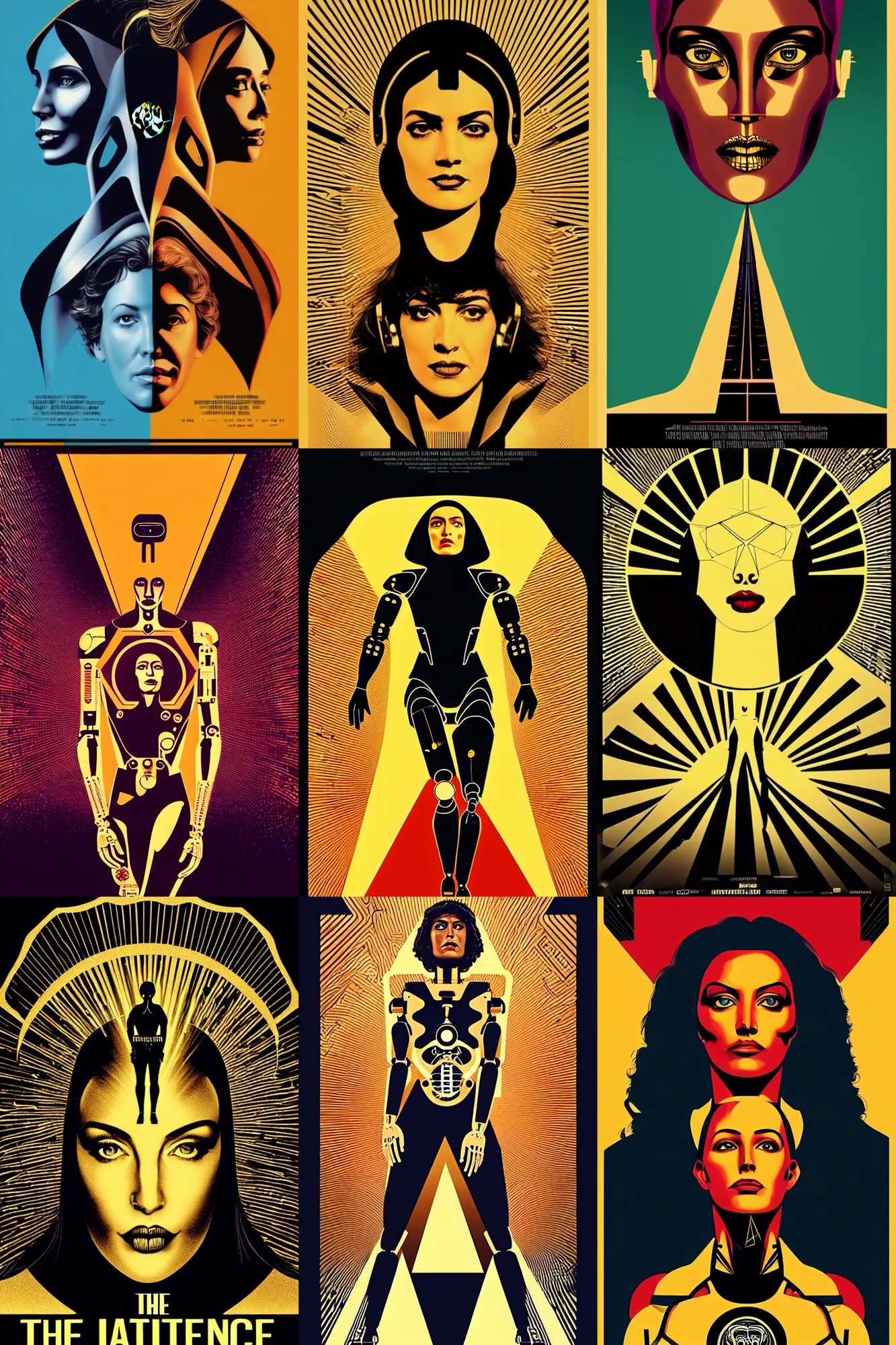 Prompt: the way to artificial inteligenece, theatrical movie poster, golden roads by haza hadid, female cyborg, artstation, 8 0 ´ s, digital art by shepard fairey and ashley woods, minimalist,