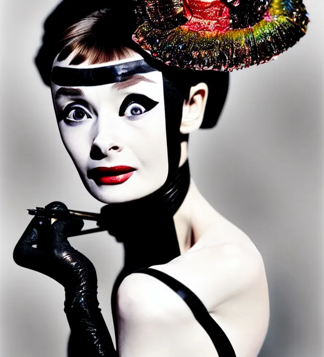Image similar to photography facial portrait in a gaz station at night of seductive actress audrey hepburn with a dressed from * iris van herpen *, with stylish colorfull makeup. intriguing soft back lighting, geisha tattoo, highly detailed, skin grain detail, photography by paolo roversi, nick knight, helmut newton, avedon, araki