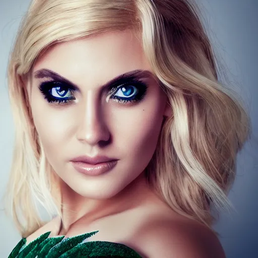 Prompt: A beautiful woman with blonde hair and emerald green eyes and average body and winged eyeliner, full body portrait, highly detailed, excellent composition, dramatic lighting, realistic 4k