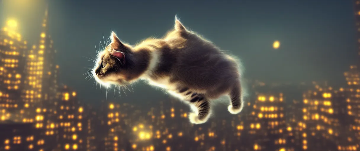 Image similar to hyper detailed concept art of choonky cute flooffy cat jumping, background the city at night sharp cinematic lighting 8k low angle shallow depth of field