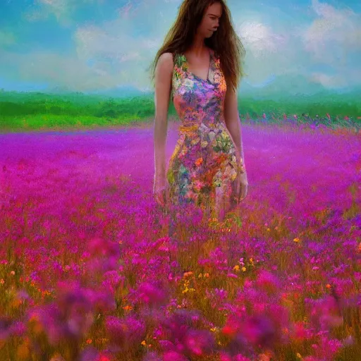 Image similar to woman standing in flower field, mattepainting, artstation, impressionism, blooming flower body