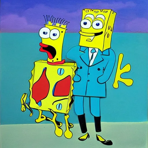 Image similar to surrealist painting of spongebob and patrick, in the style of salvador dali