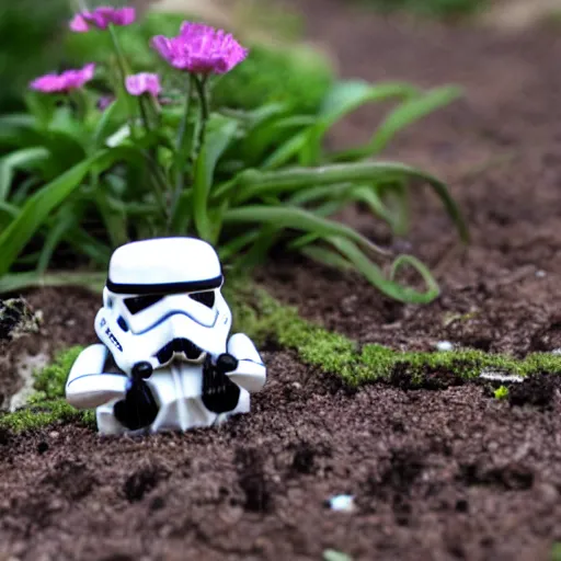 Prompt: a toad in a garden eating a stormtrooper