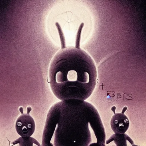 Image similar to The Teletubbies go to Hell, psychedelic art, demonic, fullbody, artstation, dark fantasy, concept art, horror, evil, smooth, sharp focus, illustration, art by greg rutkowski and orientalism and bouguereau and Zdzislaw Beksinski, good clear quality, lighting, biology, symmetrical artwork, perfect face, 135 mm, cinematic, hyper realism, high detail, octane render, 8k, chrome accents