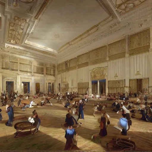 Prompt: A beautiful body art of a large room with many people in it. There is a lot of activity going on, with people talking and moving around. The room is ornately decorated and there is a large window at one end. cartoon by William Trost Richards minimalist, CGI