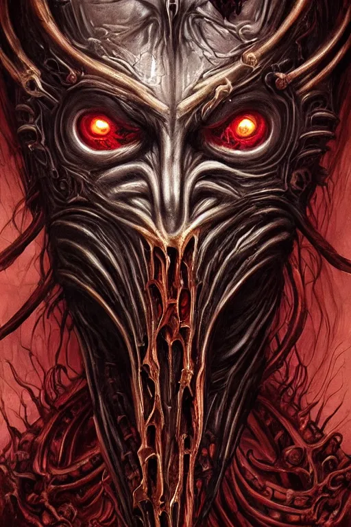 Image similar to Elden Ring and Doom themed painting of majestic crimson biomechanical necro revenant human hybrid beautiful undead angel symmetrical angry mask closeup face angry mask closeup tattoo pattern golden ratio concept, Neo-Gothic concept, infinity glyph waves, intricate artwork masterpiece, very coherent artwork, cinematic, full frontal facial features by Artgerm, art by H.R. Giger, Takato Yamamoto, Zdizslaw Beksinski, Johnatan Wayshak, Moebius, Ayami Kojima, very anatomically coherent artwork, trending on cgsociety, ultra high quality model, production quality cinema model, high detail chromatic ink outline, octane render, unreal engine 8k, hyper realism, high detail, octane render, unreal engine, 8k, High contrast