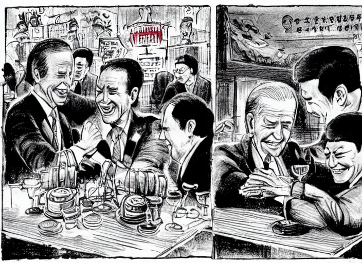 Image similar to joe biden arm wrestling xi jinping in a bar in china illustration by mike ploog