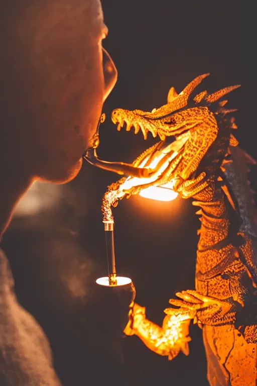 Prompt: photo of a dragon smoking a pipe, 3 0 mm, bokeh, dramatic lighting, beautiful