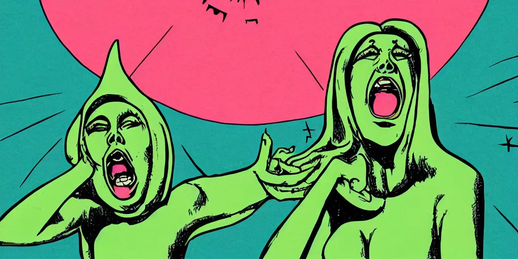 Image similar to apocalyptic ufo woman is screaming and crying after alien invasion on planet earth style in the year seventies, illustration, green color scheme