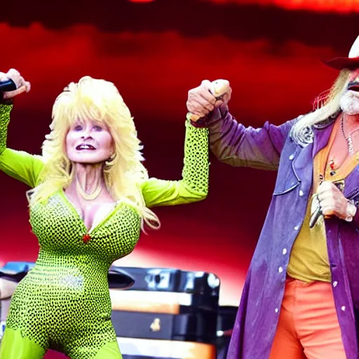 Image similar to Hulk Hogan and Dolly Parton perform on stage, biblically accurate
