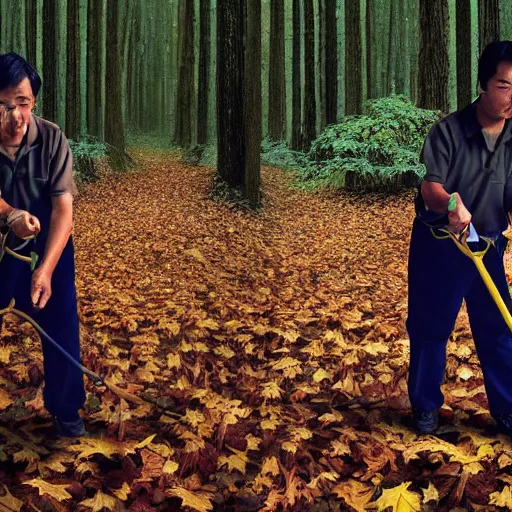 Prompt: closeup portrait of cleaners trying to hold back the falling leaves in a forest, detailed face, by Steve McCurry and David Lazar, CANON Eos C300, ƒ5.6, 35mm, 8K, medium-format print