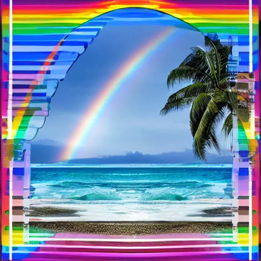 Image similar to miracle musical Hawaii part ii album cover, showing an ocean in the background, spiral transparent stairs on the left with tall palm trees behind it, a slight rainbow in the background, white outline border, moon in the right top area black and white except for the rainbow album cover