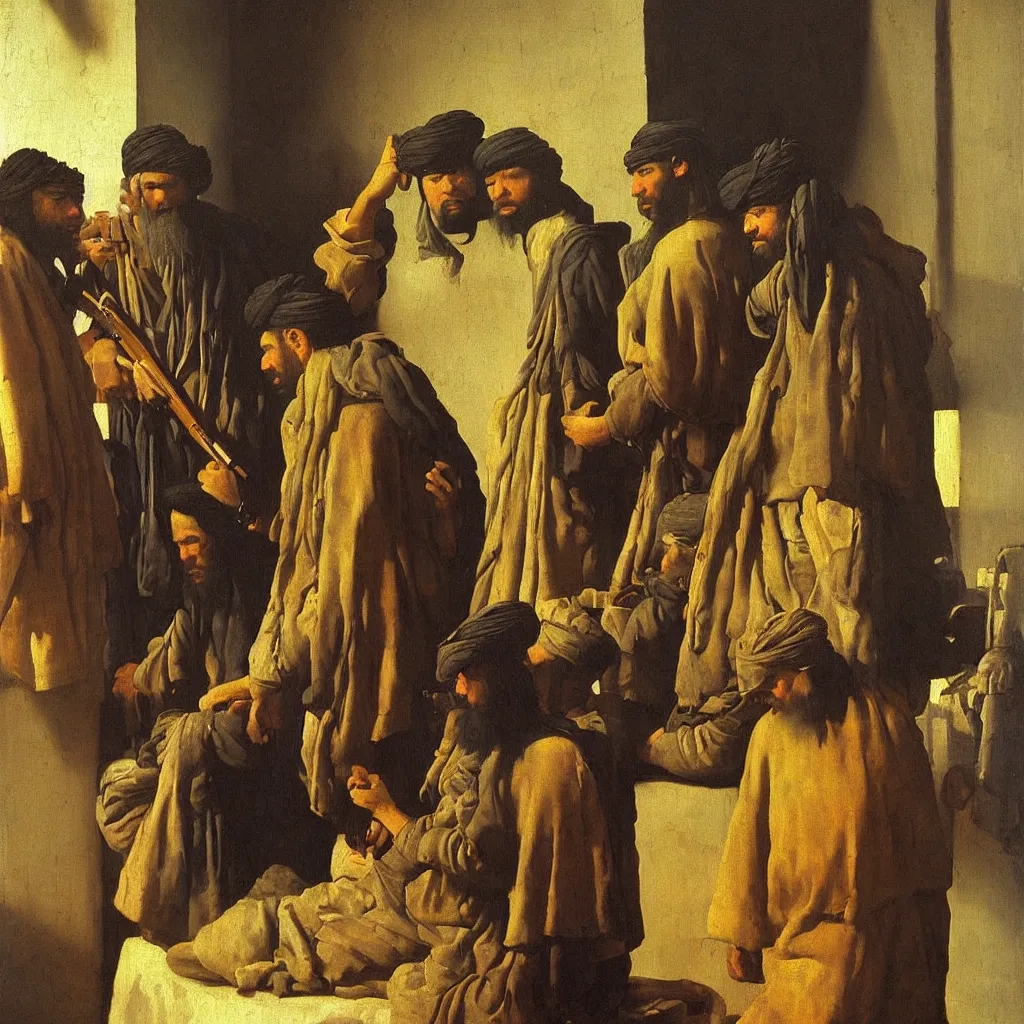 Image similar to taliban by johannes vermeer, oil painting, beautiful lighting, saturated colors, highly detailed.