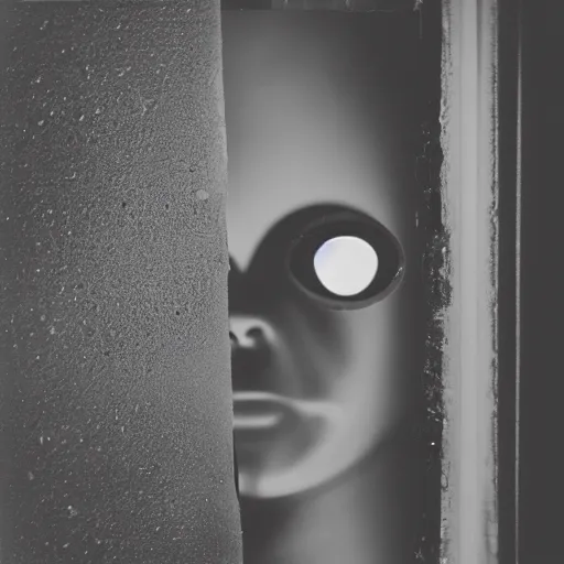 Prompt: smiling mannequin looking through peephole, liminal space, taken using a film camera with 35mm expired film, bright camera flash enabled, award winning photograph, sleep paralysis demon crabwalking towards camera, creepy, liminal space, in the style of the movie Pulse