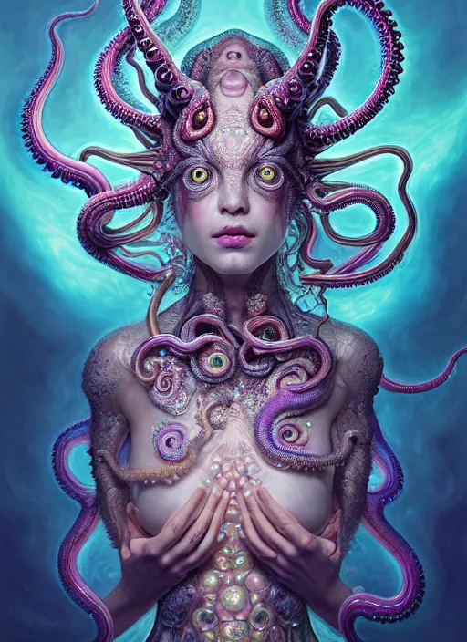 Image similar to A full shot of a cute magical monster wearing an ornate dress made of opals and tentacles. Subsurface Scattering. Translucent Skin. Caustics. Prismatic light. defined facial features, symmetrical facial features. Opalescent surface. Soft Lighting. beautiful lighting. By Giger and Ruan Jia and Artgerm and WLOP and William-Adolphe Bouguereau and Loish and Lisa Frank. Fantasy Illustration. Sailor Moon. Masterpiece. trending on artstation, featured on pixiv, award winning, cinematic composition, dramatic pose, sharp, details, Hyper-detailed, HD, HDR, 4K, 8K.