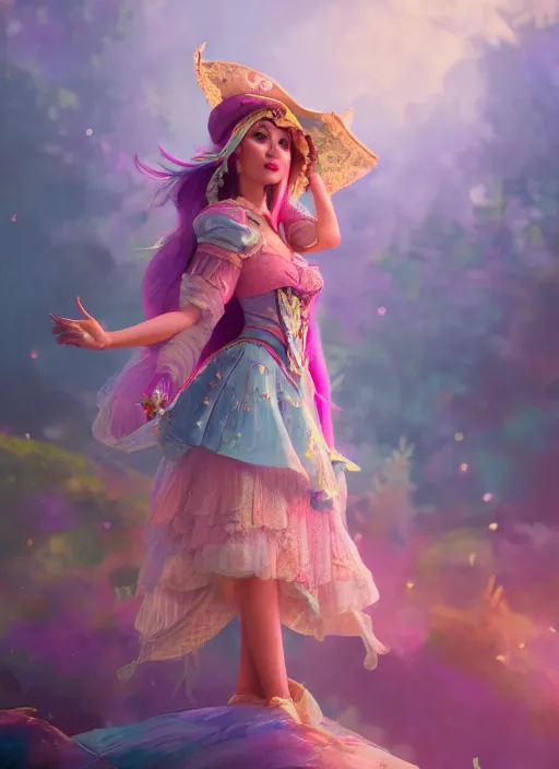 Image similar to detailed full body concept colorful pastel painting of a Disney pirate princess in intricate clothing, cinematic lighting, hyperdetailed, 8k, high resolution, insanely detailed and intricate, octane render, vfx, postprocessing, freckles, alluring