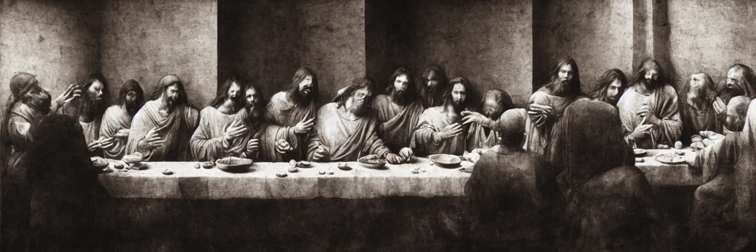 Image similar to Award Winning Editorial 84° wide-angle picture of a Tramps with bowed heads in a Soup Kitchen by David Bailey and daVinci, called 'The Last Supper', 85mm ND 5, perfect lighting, gelatin silver process