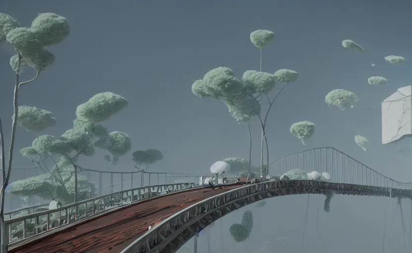 Image similar to a big beautiful bridge collapses after explosions in the form of white cotton plants, 3 d octane render, epic lighting, 8 k, by goro fujita