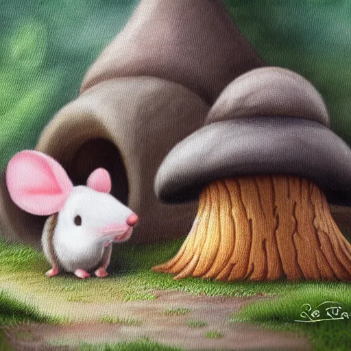 Image similar to cute fluffy mouse sitting under a mushroom house detailed painting 4 k