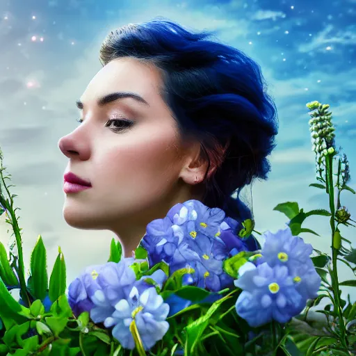 Image similar to a portrait of a romantic woman with flowers grow out of hair, roses peonies forget-me-nots dahlias lupins gladioli, sky theme in background, 35mm Photograph, 4K Resolution, Astrophotography, Digital Art, Trending on artstation